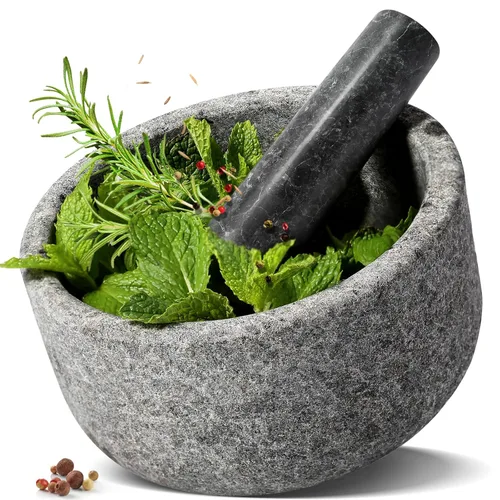 Koville Juego de mortero y mortero de granito, 6.3 pulgadas - 2 tazas de molinillo de piedra sin pulir para guacamole, salsa, trituradora de