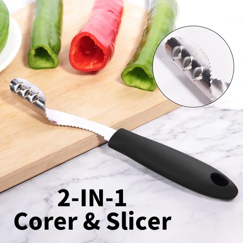 Miniatura 2 de Descorazonador de pimienta jalapeño y calabacín/pepino, juego de 2, herramienta de cocina con núcleo de acero inoxidable con rebanada dentada