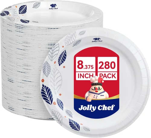 JOLLY CHEF 280 platos de papel de 8 pulgadas, a prueba de remojo, a prueba de cortes, platos de papel desechables impresos de hojas resistentes para