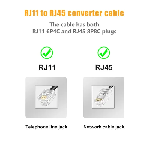 Miniatura 4 de Uvital Adaptador RJ11 a RJ45, 1 paquete RJ45 hembra a RJ11 macho para teléfono fijo, adaptador de conector de teléfono negro a Ethernet con cable