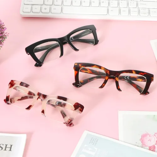 Miniatura 6 de MMOWW Paquete de 3 lentes de lectura estilo Oprah para mujer, elegante medio marco con bloqueo de luz azul, bisagras de resorte