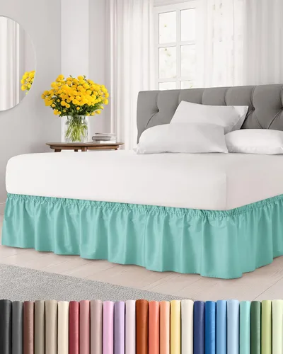 Falda de cama envolvente con volantes, color azul spa, para camas de tamaño Queen con altura de 30 cm CGK Linens - Falda de cama plisada con tela 22