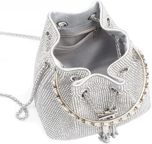 Miniatura 4 de Women's Silver Rhinestone Purse Luxury Diamond Shining Clutch Chain Crossbody Bucket Bling Bling Evening Bag