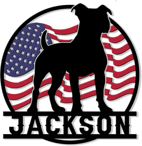 Miniatura 6 de Letrero de metal personalizado con diseño de perro Pitbull, bandera de Estados Unidos, letrero colgante para porche al aire libre, bienvenida
