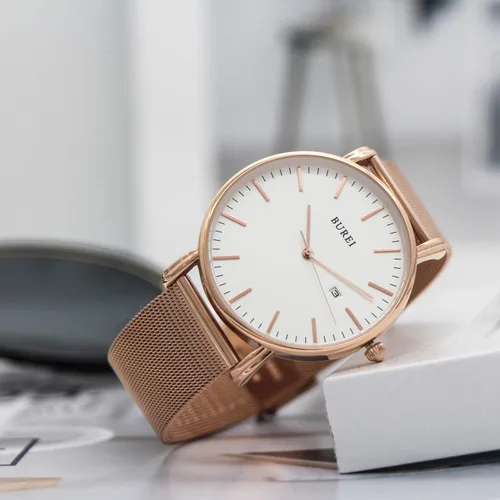 Miniatura 4 de BUREI Relojes de pulsera para hombre, a la moda, minimalista, analógico, de malla de cuarzo, impermeables, relojes para hombres