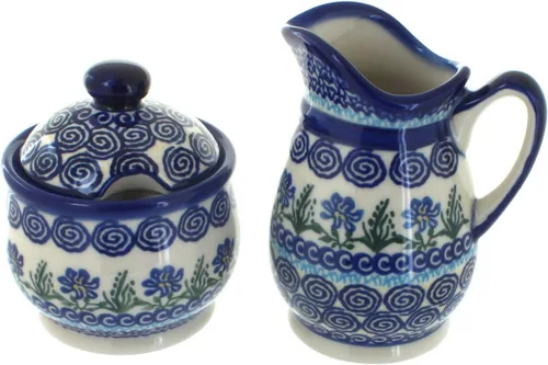 Miniatura 2 de Set de crema y azúcar de flor de manzana y cerámica polaca de rosa azul