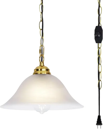 Lámpara colgante enchufable con pantalla de vidrio de alabastro, interruptor de encendido/apagado, cable de 16.4 pies y cadena de 14.7 pies, lámpara
