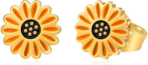 Sepfavo Aretes tipo dormilona de girasol, joyería para niñas y mujeres, bonitos aretes esmaltados con girasol, dorados, hipoalergénicos para niñas