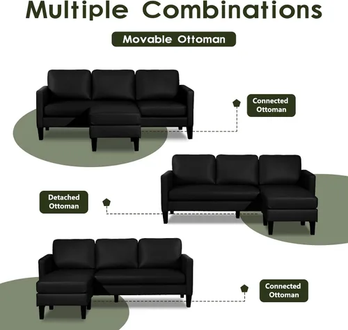 Miniatura 7 de Sofá modular convertible de cuero en forma de L con diván reversible, moderno sofá modular de 3 plazas para sala de estar, espacios pequeños