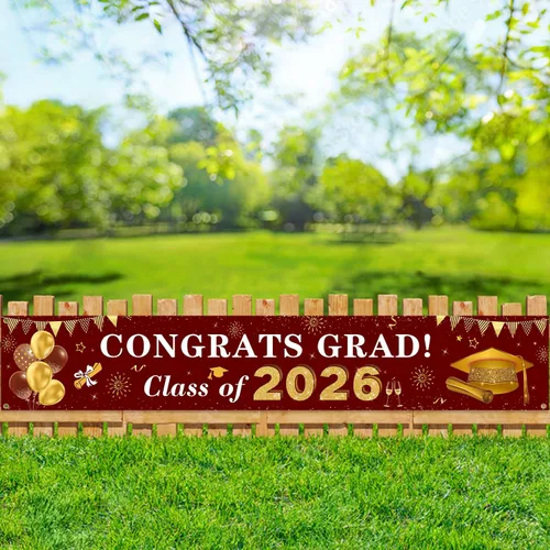 Miniatura 6 de Decoraciones de graduación 2026 Congrats Grad Class of 2026 - Cartel de graduación granate y dorado para patio, decoraciones colgantes