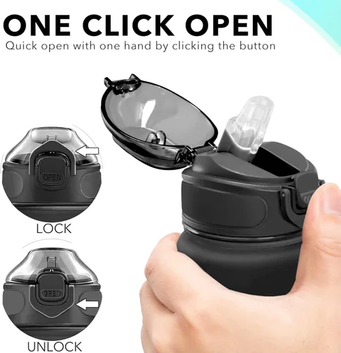 Miniatura 5 de Enerbone Botella de agua potable de 32 oz con tiempos para beber y popote, motivacional con correa para llevar, a prueba de fugas, sin BPA ni NEGRO