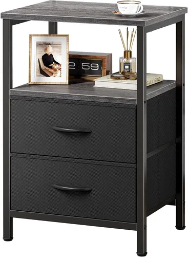 Miniatura 14 de Huuger Mesita de noche con 2 cajones, mesa auxiliar de cama con estante abierto, parte superior de madera, mesita de noche para dormitorio, mesa