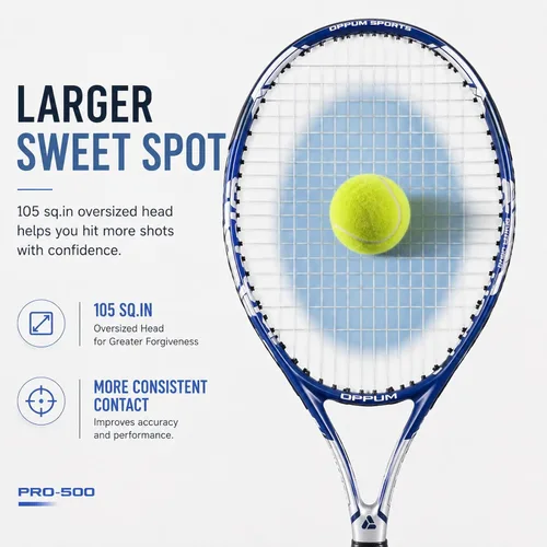 Miniatura 7 de Raquetas de tenis OPPUM PRO-500 para adultos, paquete de 2 raquetas preencordadas para principiantes e intermedios con bolsa de transporte y 2