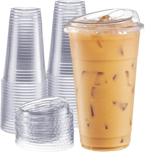 Comfy Package - 100 vasos de plástico transparente con tapas sin pajilla, 24 onzas, tazas de café helado desechables con tapas, ideales para bebidas