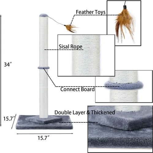 Miniatura 2 de HUTPET Poste rascador para gatos de 34 pulgadas de alto, doble base y diseño de refuerzo, postes de sisal para rascar árboles con juguetes de plumas