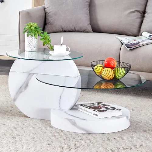 Miniatura 7 de Mesa de café de 35.4" de vidrio, mesa de café redonda, mesa con superficie de vidrio templado de 2 niveles con base de mármol falso blanco, mesa