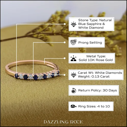 Miniatura 16 de Dazzlingrock Collection Alianza de boda apilable de zafiro azul y diamante blanco redondo alternativo en oro de 10 quilates