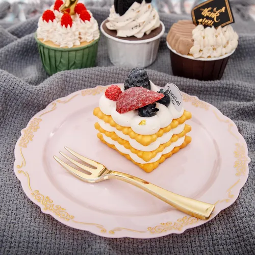 Miniatura 5 de LIYH 100 piezas de platos de postre de oro rosa - 100 piezas de tenedores de plástico dorados, platos para pasteles desechables con tenedores