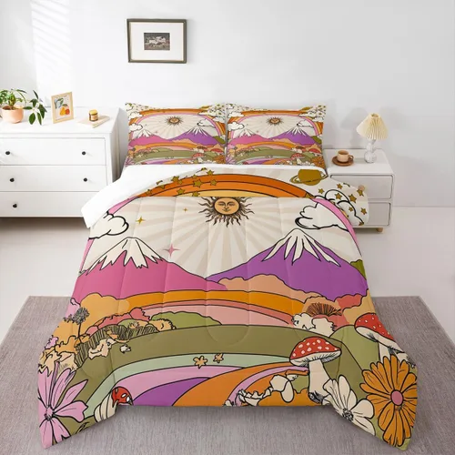 Miniatura 37 de Lindo juego de edredón de flores para niños y mujeres. Juego de ropa de cama de flores coloridas de dibujos animados, tamaño individual, bonito
