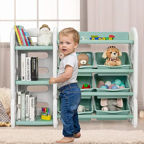 Miniatura 2 de HONEY JOY Organizador de almacenamiento de juguetes para niños de 4 niveles con 6 contenedores, unidad de almacenamiento de juguetes 2 en 1 con Verde