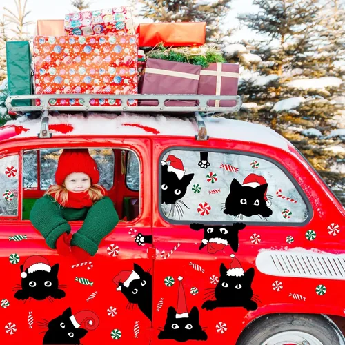Miniatura 3 de Adhesivos de ventana de Navidad para ventana de Navidad, gato negro y menta, calcomanías de pared para decoración de ventanas de tienda de vidrio