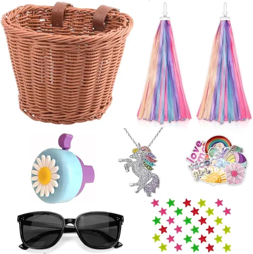 Miniatura 14 de Cesta de bicicleta para manillar para niñas con collar de unicornio, campana, serpentinas, cuentas de rueda, lentes de sol, calcomanías, juego