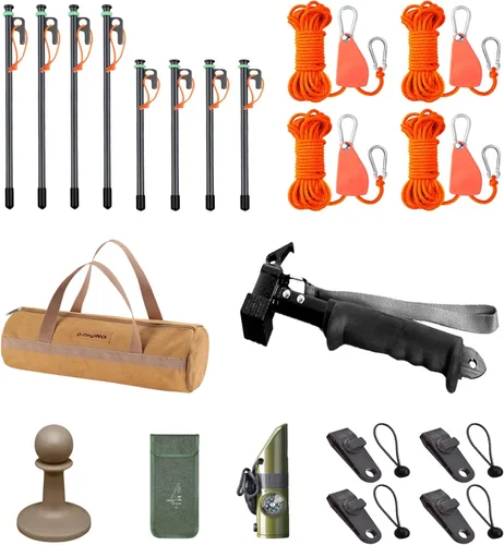 Miniatura 10 de Tienda de campaña portátil para exteriores, juego de lujo 8 en 1, cuerda resistente al viento, clavo de tierra para tienda, martillo de campamento