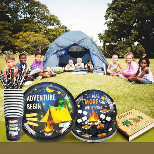 Miniatura 4 de Recheel Suministros para fiestas de camping y decoración, juego de platos y servilletas de papel con temática de fogata, caminata y campamento