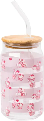 Miniatura 36 de Silver Buffalo Sanrio - Vaso de vidrio rosa con tapa de bambú y sorbete de vidrio de Hello Kitty, 16 onzas Hello Kitty Agitando