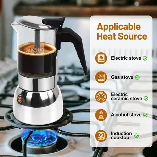 Miniatura 4 de Cafetera de 4 tazas de vidrio transparente, olla de moka de acero inoxidable 304 espesado para estufa, máquina de café italiana, cafetera Greca