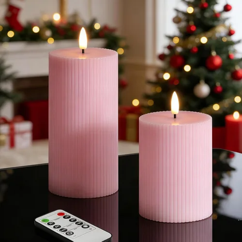 Miniatura 13 de Velas de pilar sin llama acanaladas blancas con control remoto, juego de 4 velas LED parpadeantes con parte superior plana, 3 pulgadas de alto, 4