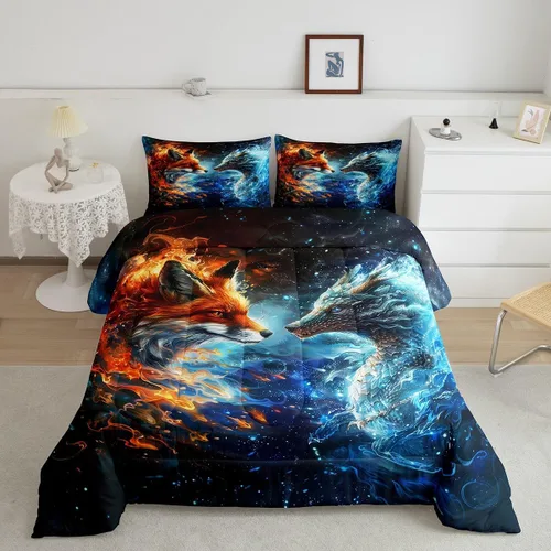 Miniatura 57 de Castle Fairy Juego de edredón con diseño de gato lindo para niños, tamaño twin, juego de ropa de cama con hojas de flores, luna, noche y cielo