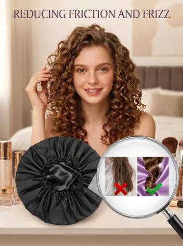 Miniatura 6 de Aquior Gorro de ducha para mujer, extra ajustable, doble capa, impermeable, reutilizable, gorra de pelo de tamaño grande para todo el cabello