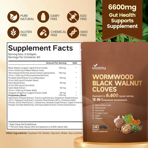 Miniatura 11 de Limpieza 18 en 1 de ajenjo de nogal negro para humanos, suministro para 80 días, porción de 6600 mg, limpieza intestinal rápida y salud digestiva