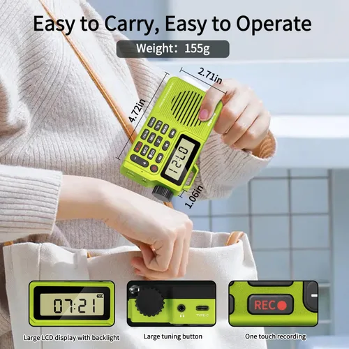 Miniatura 4 de Radio AM/FM portátil, grabadora de radio digital, altavoz Bluetooth 5.0, función de alarma y sueño, pantalla de hora de 12/24 horas (amarillo verde)