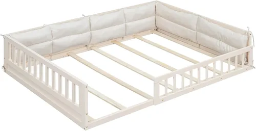 Miniatura 6 de Cama de plataforma de tamaño matrimonial con valla, plataforma tapizada de madera con barandilla y almohada, color beige