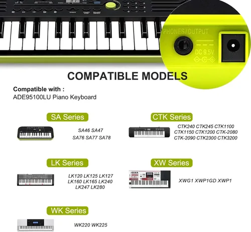 Miniatura 3 de Adaptador de corriente de teclado Casio de 9.5 V CC - Compatible con teclados Casio: ADE95100LU, LK-135, WK-225, CTK-2500, CTK-2400, CTK-2550