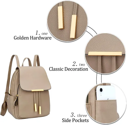 Miniatura 5 de KKXIU - Mochila de cuero a la moda para mujeres y damas, bolso de hombro para viajes y uso diario, A-caqui, Mediana, Mochila