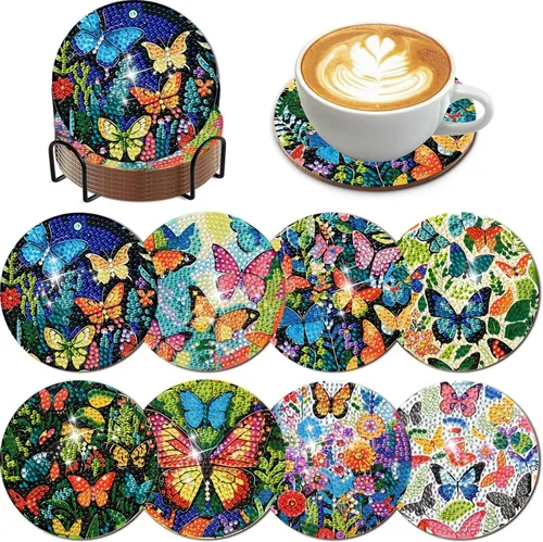 EWJRNSF Kit de 8 piezas de posavasos de arte de diamante, pequeños posavasos de pintura de diamante, kits de arte de diamante de mariposa de otoño