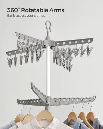 Miniatura 33 de SONGMICS ULLR510B01 - Estante de secado de ropa plegable de 59 pulgadas con 3 brazos giratorios para perchas, 4 patas, acero inoxidable, para 27
