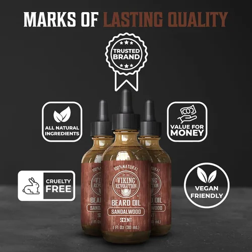 Miniatura 5 de Viking Revolution Aceite de barba de sándalo para hombres, aceite natural para barba con aceite de argán y aceite de jojoba, suavizante de barba
