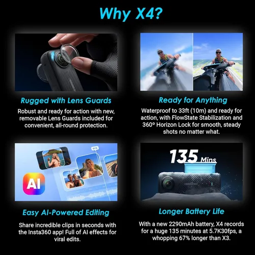 Miniatura 5 de Insta360 X4 - Cámara de acción impermeable 360 8K con sensores de 48 MP, video 5.7K 360, foto 360 de 72 MP, edición AI, para deportes, viajes
