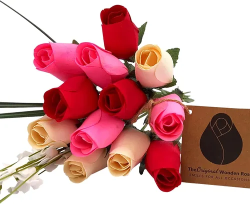 Miniatura 8 de Ramos originales de rosas de madera en 1, 2, o 3 docenas, Madera de abedul, Todo rojo, 1 Docena