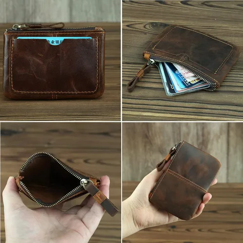 Miniatura 5 de Monedero de cuero genuino para mujeres y hombres, estilo vintage, cuero de grano de vacuno, delgado, minitarjetero con cremallera de metal con asa