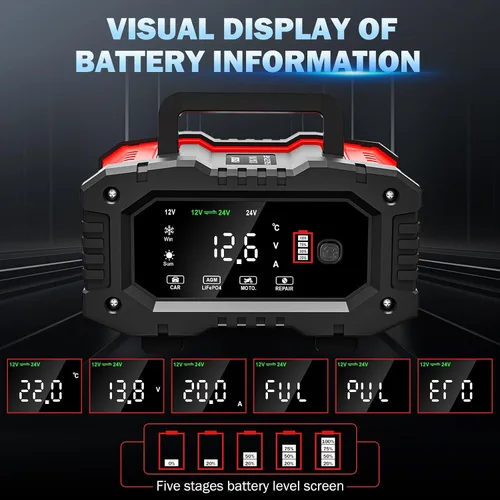 Miniatura 5 de Cargador de batería de coche de 20 amperios, LiFePO4 de 12V/20A y 24V/10A, plomo ácido (AGM/Gel/SLA), cargador inteligente automático de goteo