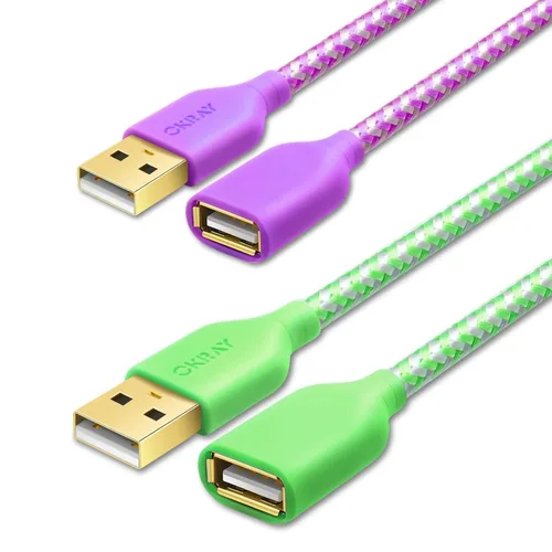 Miniatura 13 de OKRAY - Cable de extensión USB, paquete de 2 cables de extensión USB 2.0 de nailon trenzado de 6 pies tipo A, macho a hembra, con conector chapado