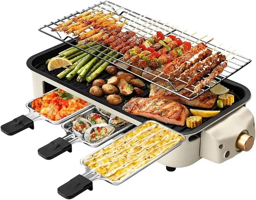OVENTE Parrilla eléctrica 2 en 1 para interior, parrilla coreana sin humo de 1500W con placa de cocción extraíble antiadherente, 3 sartenes para