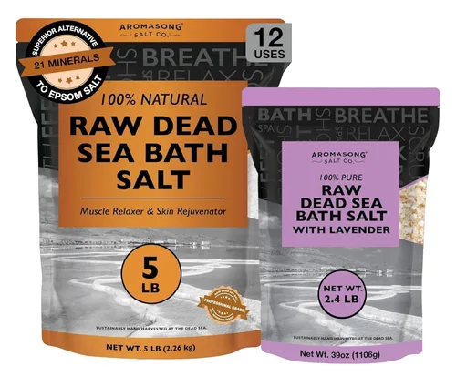 Aromasong Sal natural del Mar Muerto RAW (5 libras) con sal cruda del Mar Muerto infundida con aceite esencial de lavanda natural (2.43 libras) –