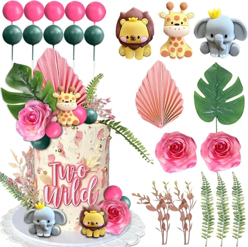 22 adornos de animales de selva de safari para tartas, bolas de flores, decoración de tartas con hojas de palmeras bohemias, juguetes de animales de