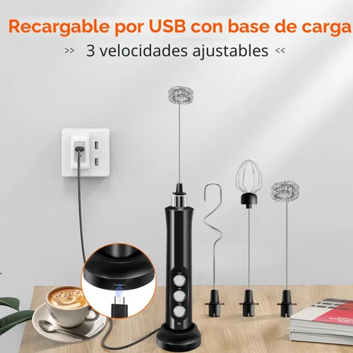 Miniatura 4 de Espumador de leche recargable de mano con 3 batidores desmontables de acero inoxidable, batidor eléctrico de 3 velocidades ajustables